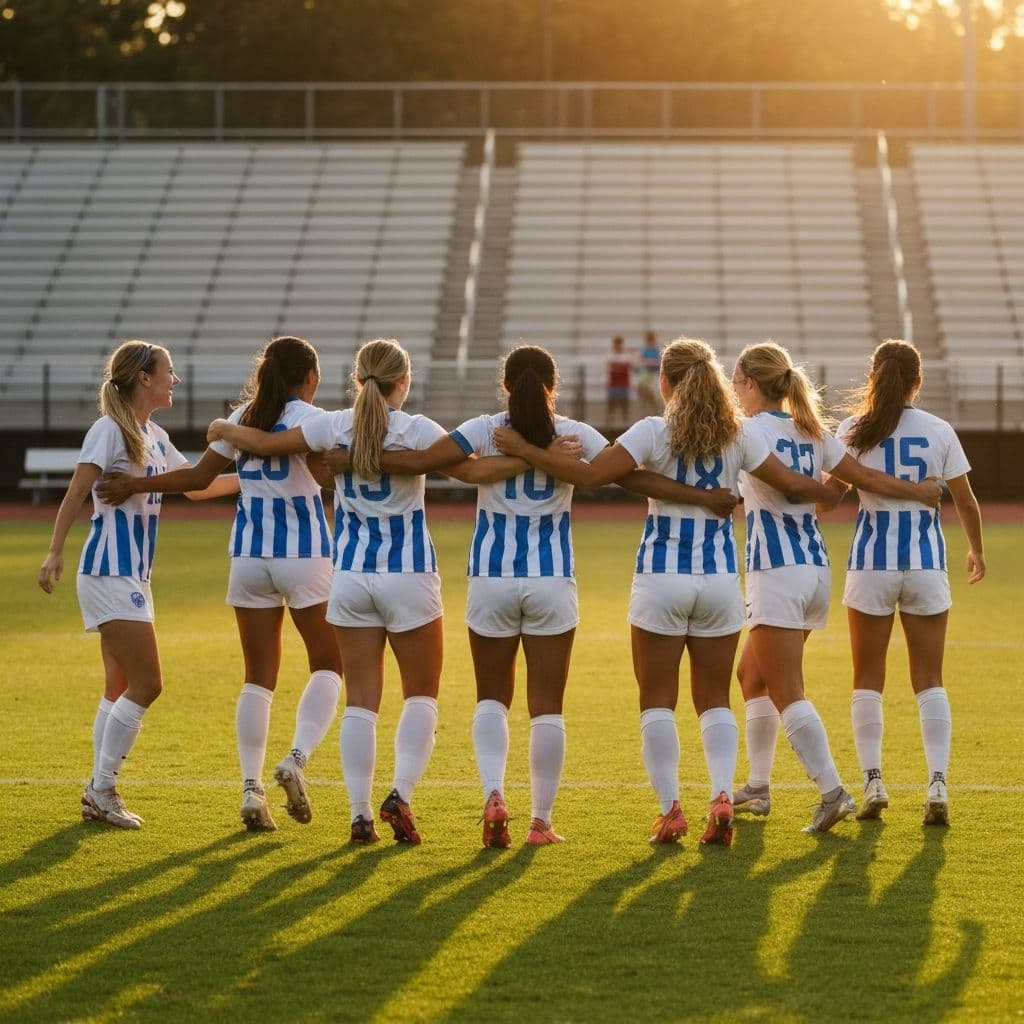 Women's college soccer team celebrating